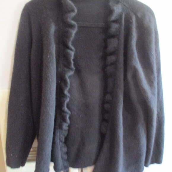 100%  Cashmere Cardigan Black XL ruffle edge thick m l - Picture 1 of 4